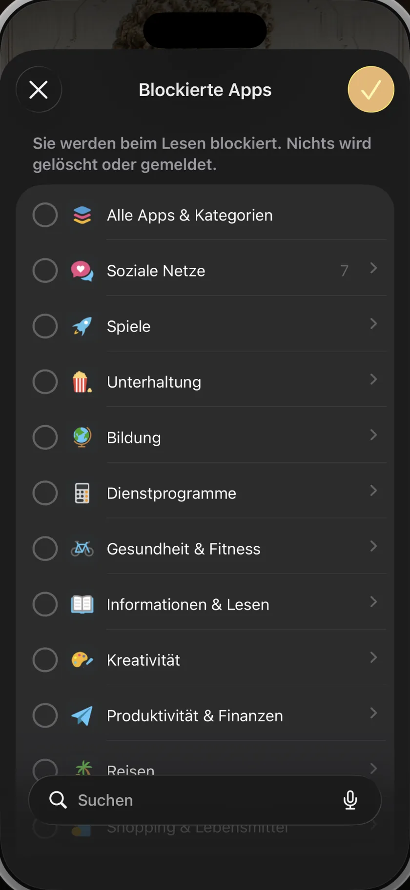 Die System-Auswahl für Apps in BookGate: ganze Kategorien — Soziale Netzwerke, Spiele, Unterhaltung — oder einzelne Apps, einmal ausgewählt und während jeder Lesezeit blockiert.