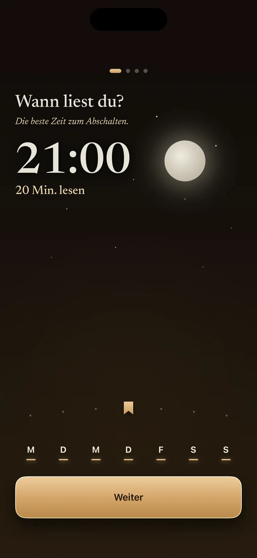 Die abendliche Lesezeit wird auf einer Sonnenuhr am Himmel auf 21:00 Uhr und zwanzig Minuten eingestellt.