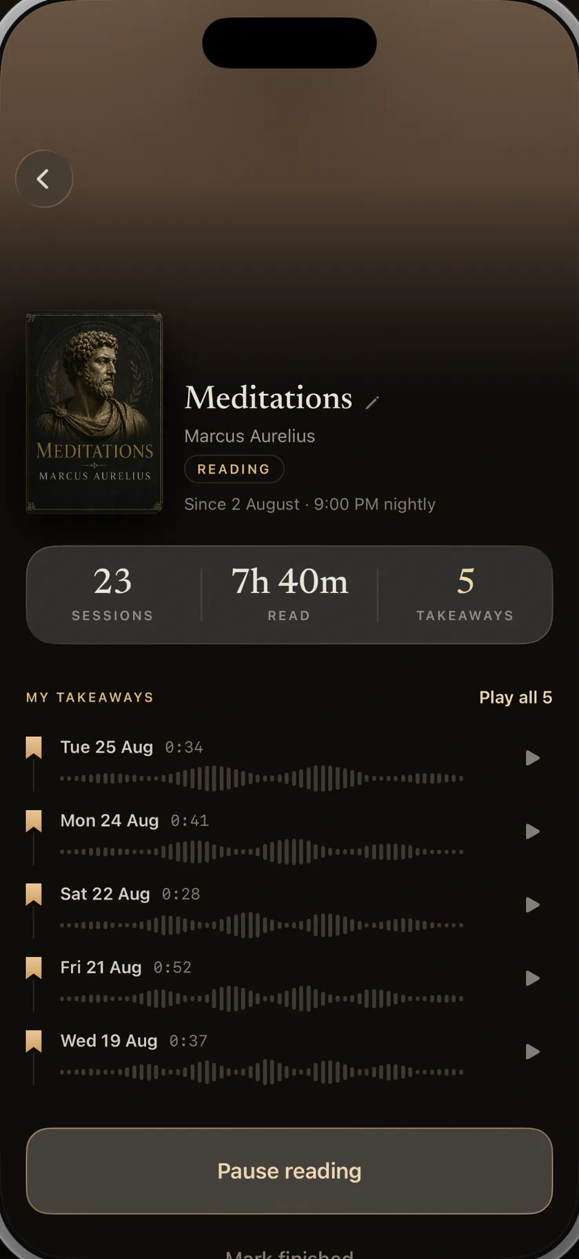 A book’s page in BookGate: cover, sessions and hours read, and the list of spoken takeaways recorded night after night.