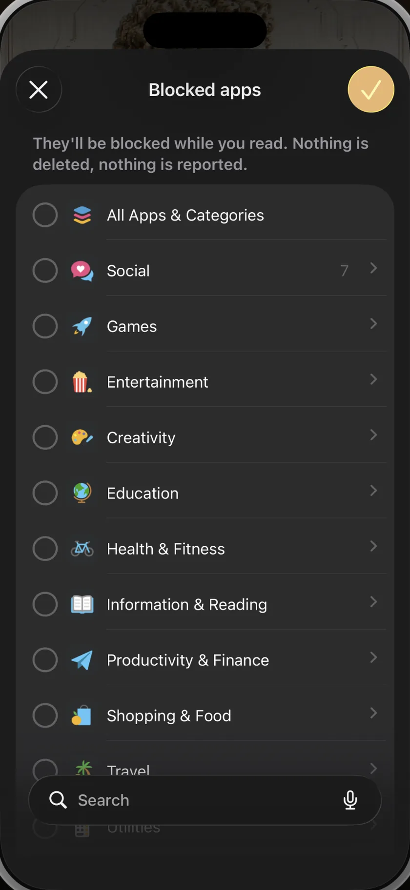 The system app picker inside BookGate: whole categories — social, games, entertainment — or individual apps, chosen once and shielded during every session.