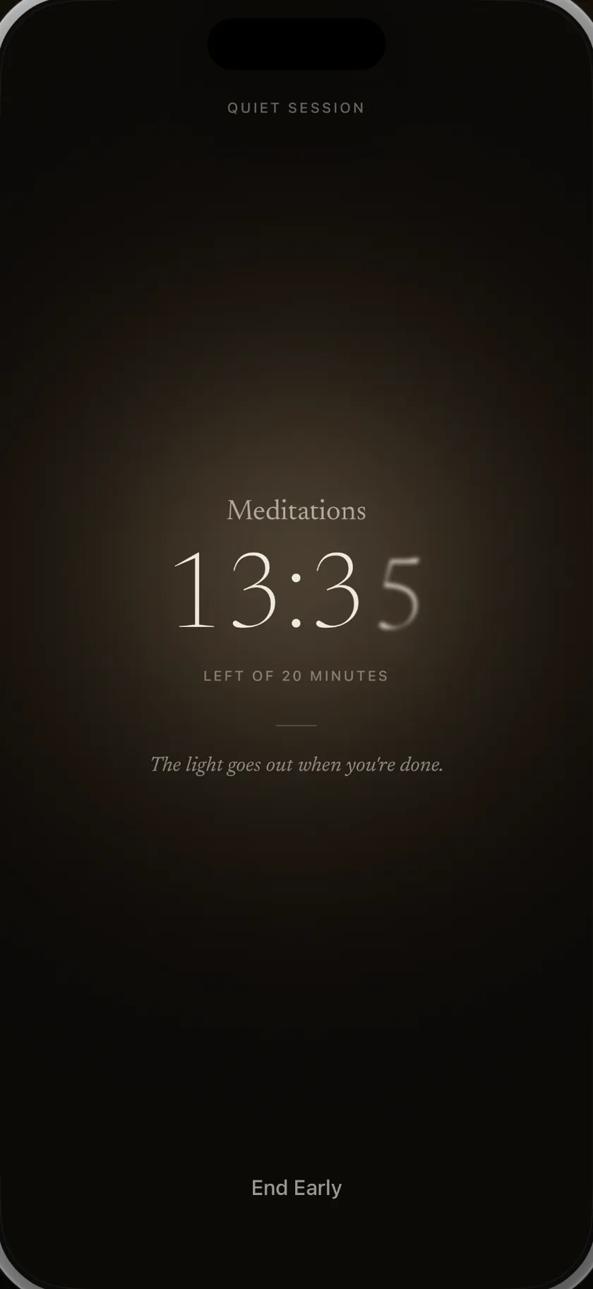 A reading session running: the book’s title, thirteen minutes and thirty-five seconds left of twenty, and the line “the light goes out when you’re done”.