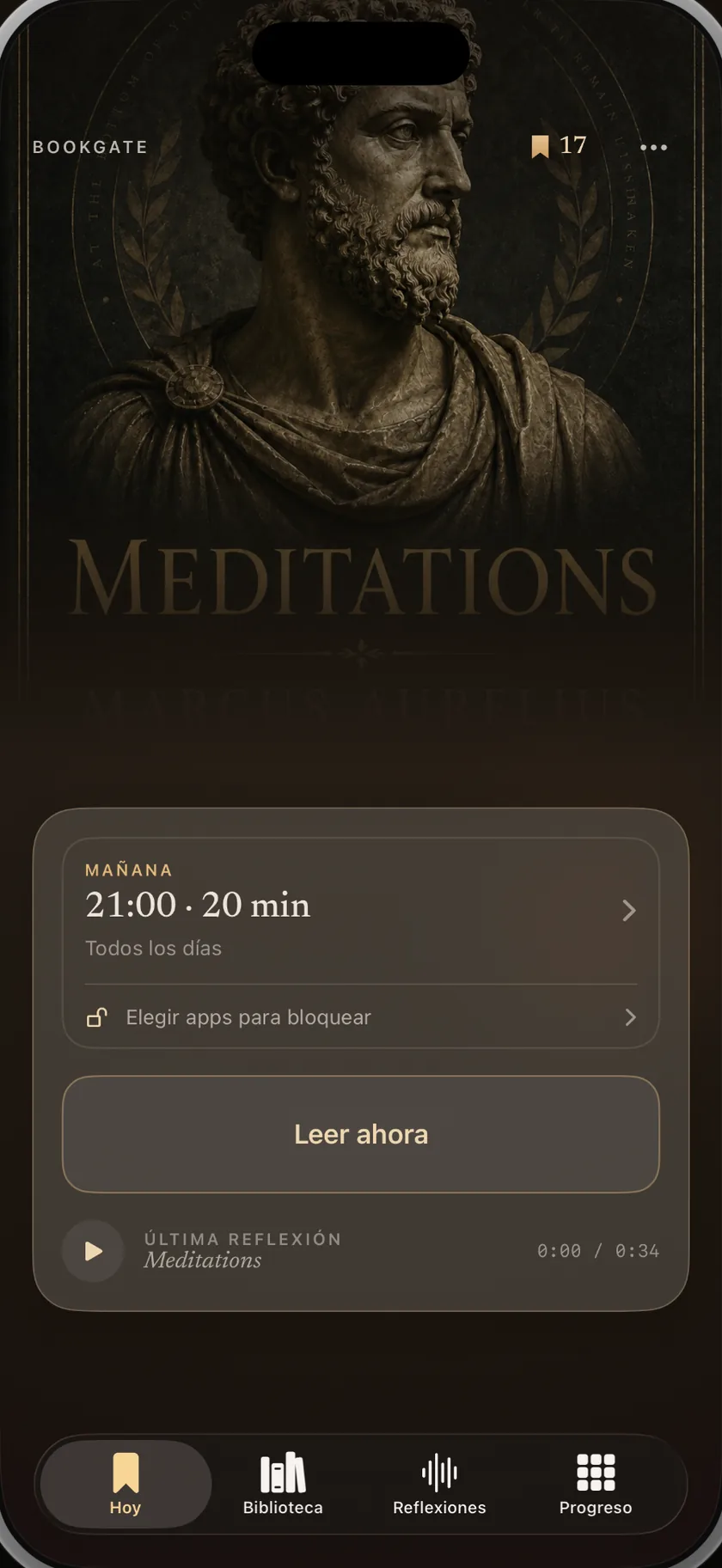Pantalla Hoy de BookGate con el libro de esta noche, la alarma programada a las 21:00 durante veinte minutos, el botón «Leer ahora» y la reflexión grabada anoche.
