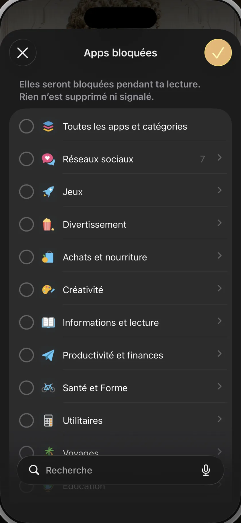 Le sélecteur d’applis du système dans BookGate : des catégories entières — réseaux sociaux, jeux, divertissement — ou des applis précises, choisies une fois et bloquées pendant chaque session.