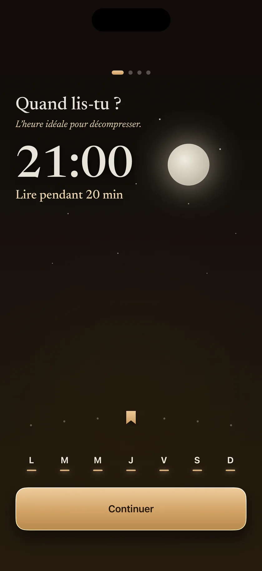 Choix de l’heure de lecture du soir sur un cadran solaire dans le ciel, réglée à 21 h pour vingt minutes.