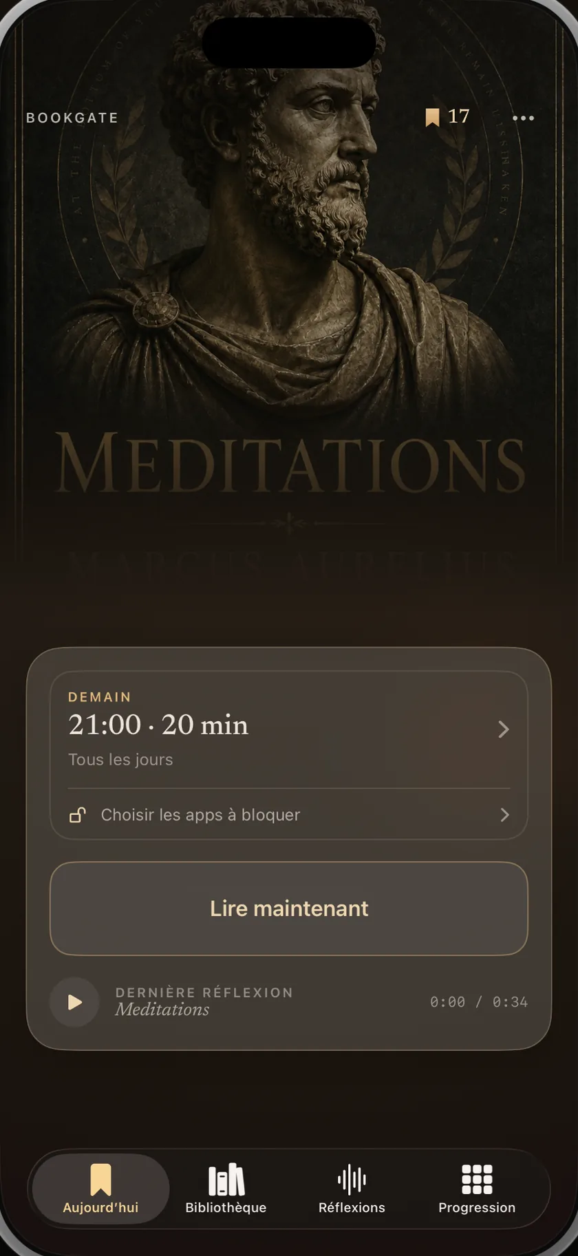 L’écran Aujourd’hui de BookGate avec le livre prévu ce soir, l’alarme réglée à 21 h pour vingt minutes, le bouton « Lire maintenant » et la réflexion vocale de la veille.