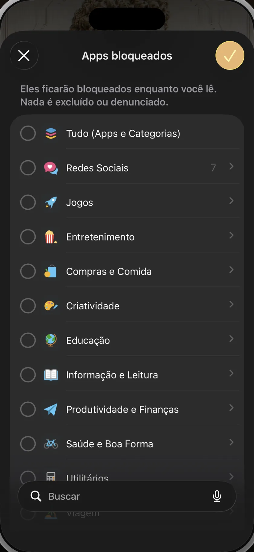 O seletor de apps do sistema dentro do BookGate: categorias inteiras — redes sociais, jogos, entretenimento — ou apps específicos, escolhidos uma vez e bloqueados durante cada sessão.