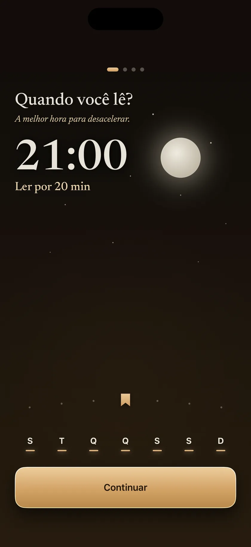 Escolha do horário de leitura noturna deslizando um relógio de sol pelo céu, definido para as 21h por vinte minutos.